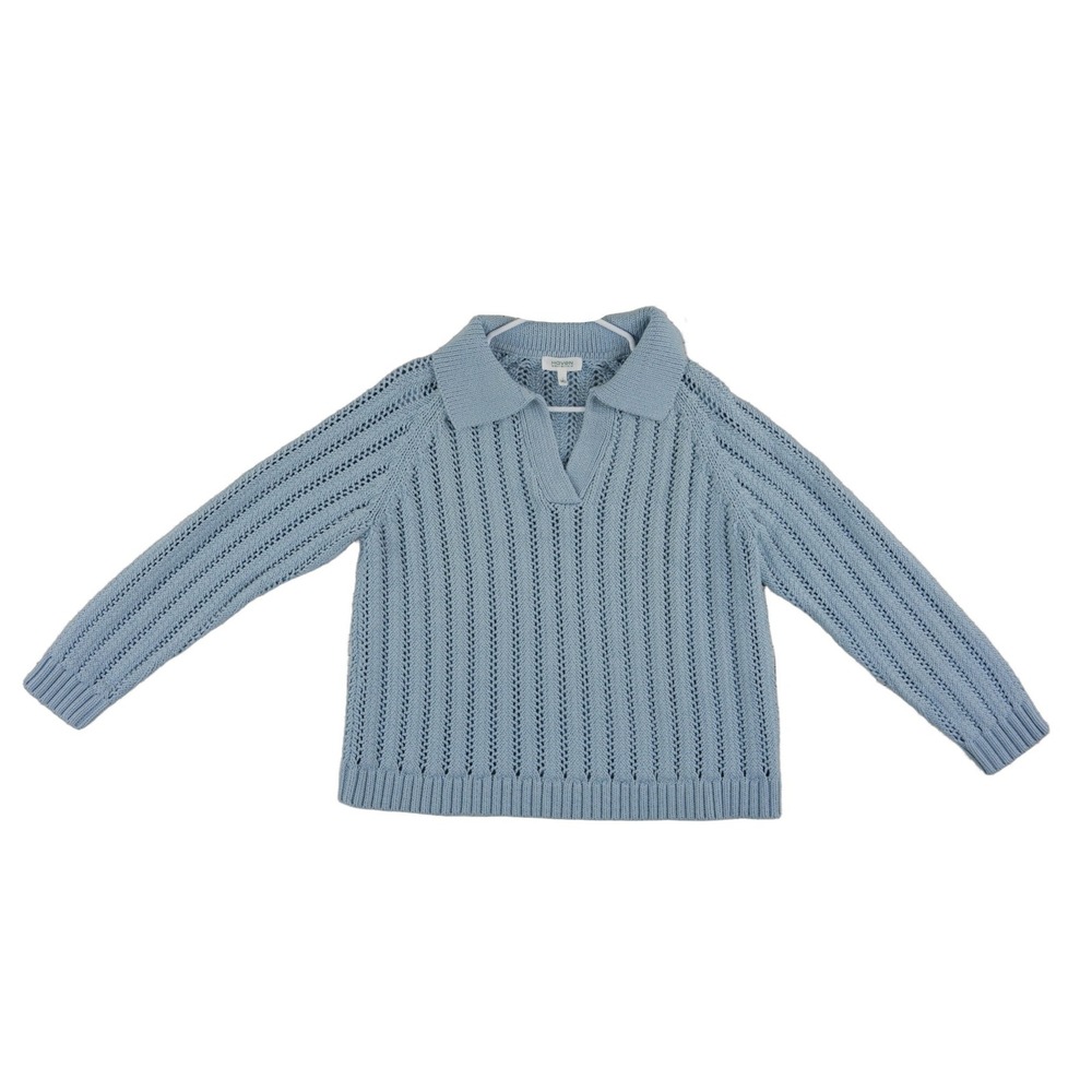 Haven Well Within Crochet Polo Sweater‎ Women's Size Large Light Blue Pointelle